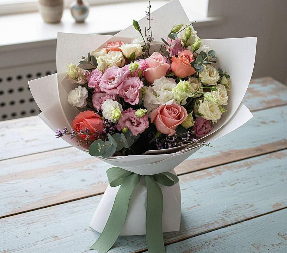 Букет цветов из: Розы, Лизиантусы и Гвоздики в Дыдымкине