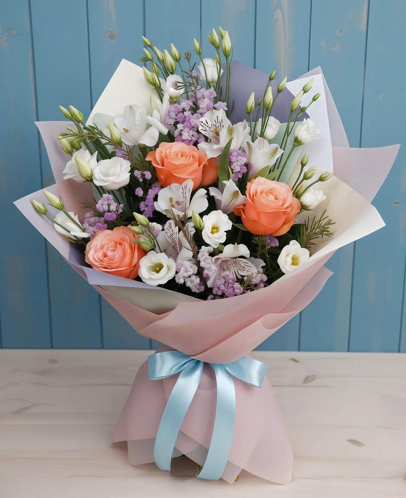Букет цветов из: Лизиантусы, Розы, Альстромерии и Гипсофила в Дыдымкине