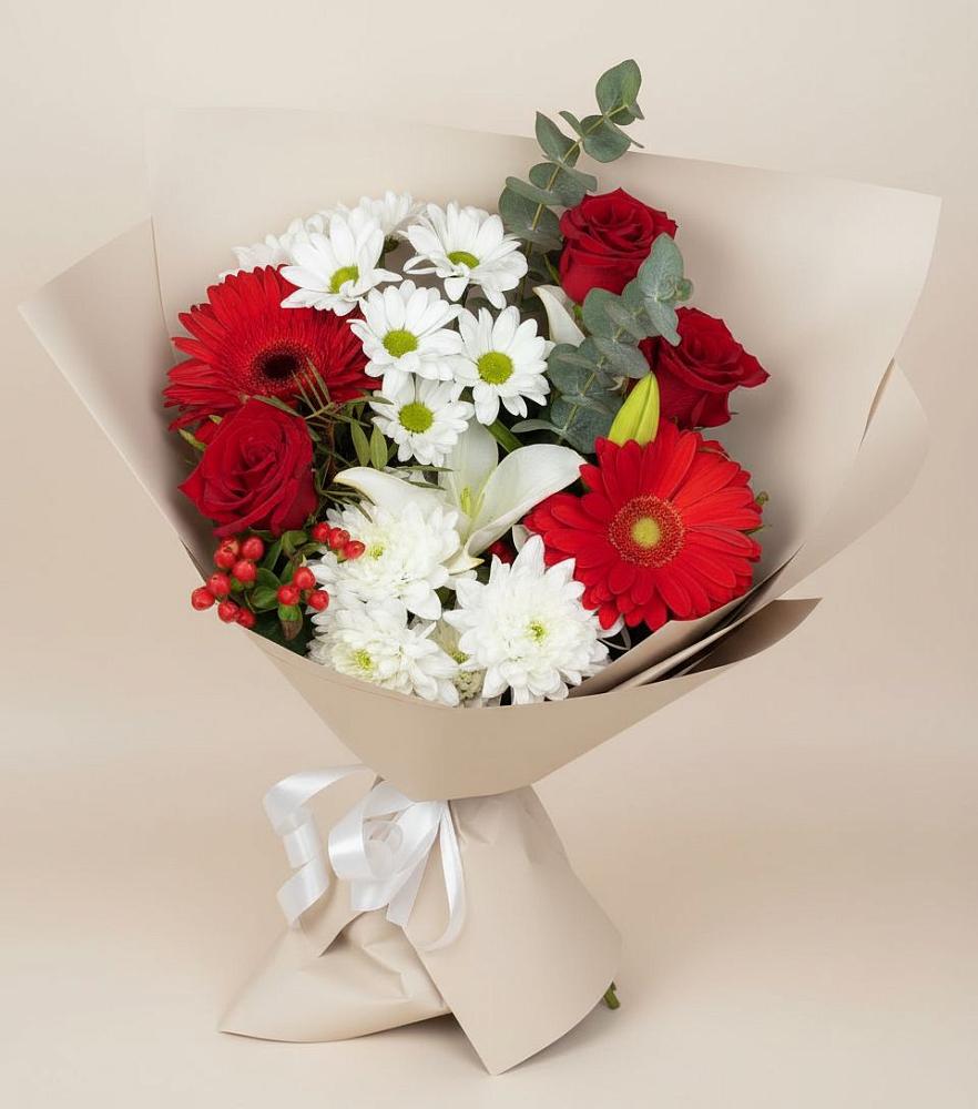 Букет цветов из: Розы, Хризантемы, Герберы и Лилии в Дыдымкине