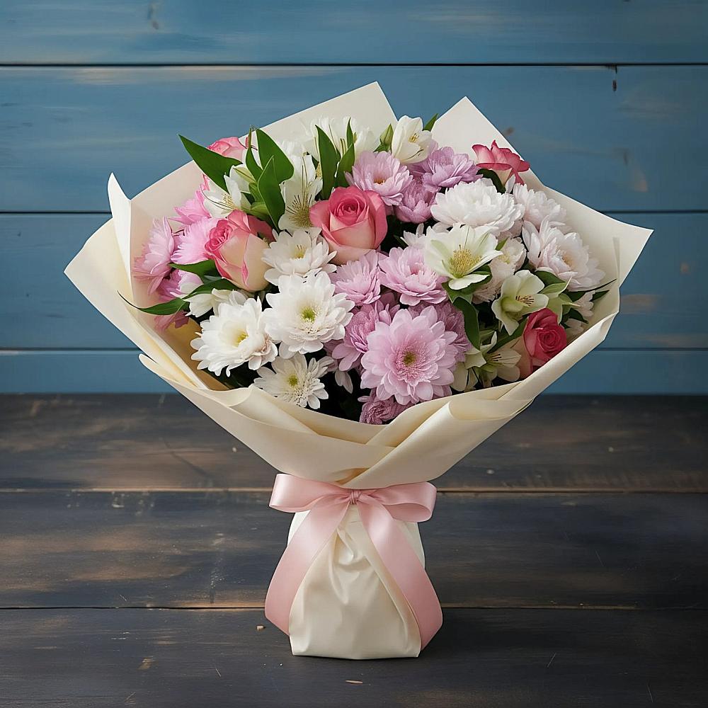 Букет цветов из: Хризантемы, Альстромерии и Розы в Дыдымкине